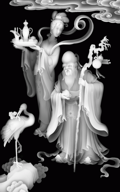 画中的寿星慈祥温和雕刻的栩栩如生，以及仙女和仙鹤的衬托。