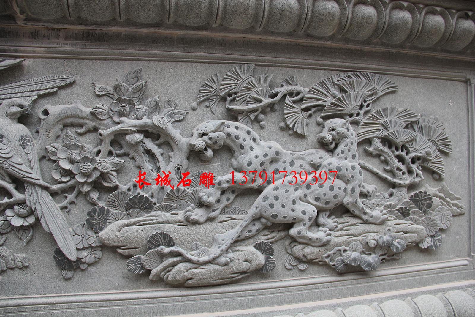 石雕牌坊浮雕设计-喜报三元，用喜鹊和豹子寓意吉祥。